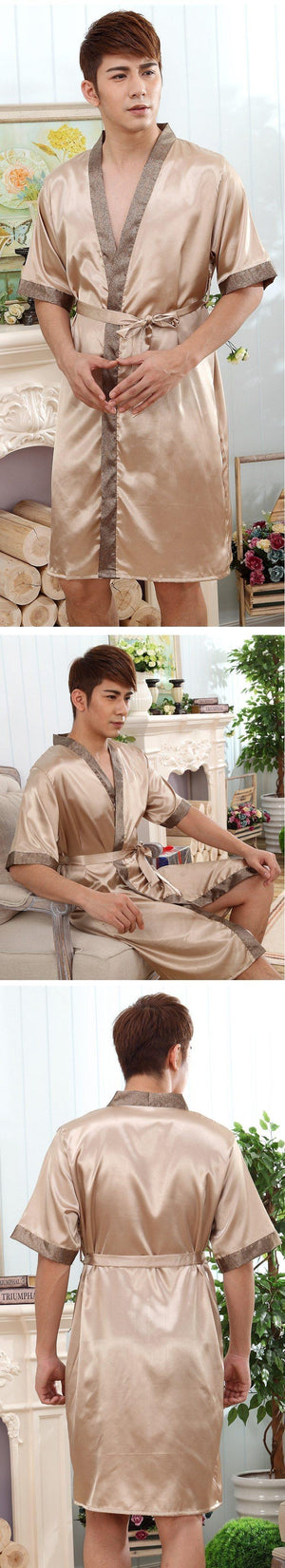 Planet Gates style 1 / M Men Kimono Robe Faux Silk Bath Gown Sleepwear Lounge Casual Silky Nightwear Female Dress M-XXL