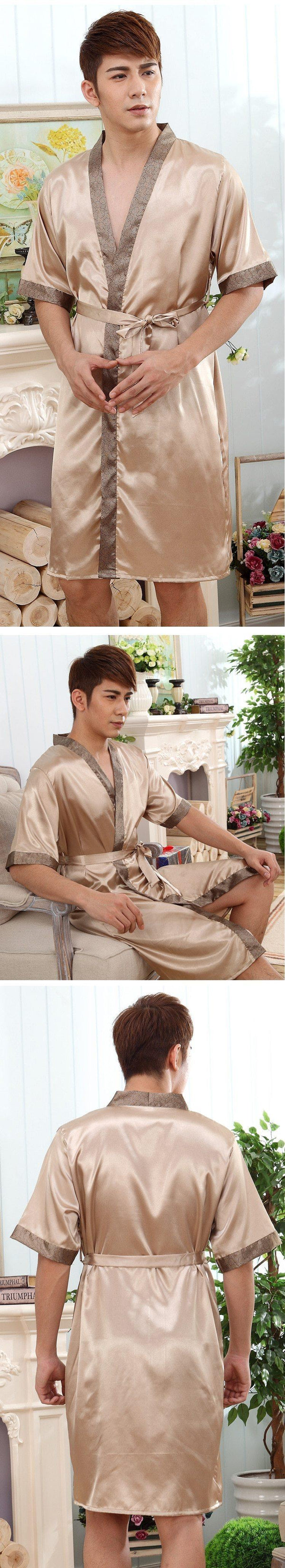 Planet Gates style 1 / M Men Kimono Robe Faux Silk Bath Gown Sleepwear Lounge Casual Silky Nightwear Female Dress M-XXL