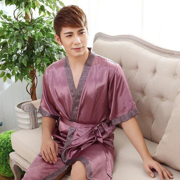 Planet Gates style 3 / M Men Kimono Robe Faux Silk Bath Gown Sleepwear Lounge Casual Silky Nightwear Female Dress M-XXL