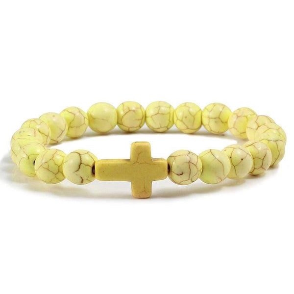 Trendy  Black Bracelet Natural Stone Yellow Turquoises Beaded Handchain Jesus Cross Bangles Women Jewelery Lover Accessories