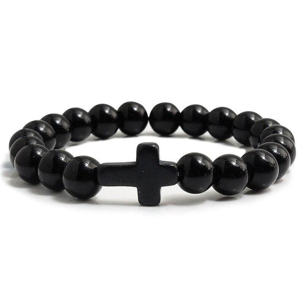 Trendy  Black Bracelet Natural Stone Yellow Turquoises Beaded Handchain Jesus Cross Bangles Women Jewelery Lover Accessories