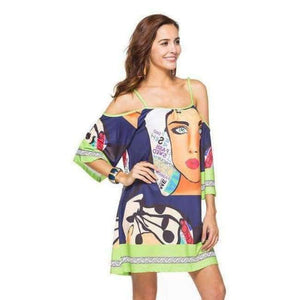 Planet Gates Style Six / M 2018 Summer Women Dress Vestidos European Style Sleeveless Spaghetti Strap Slash Neck Print Casual Beach Dress Harajuku