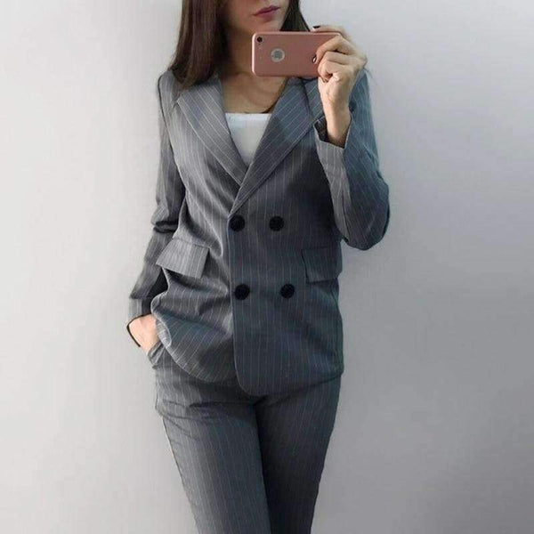 Planet Gates Suits  2 Piece Sets Double Breasted Striped Blazer Jacket & Zipper Trousers Suit For Women Outfits Feminino Spring
