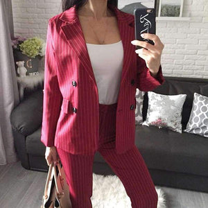 Planet Gates Suits  2 Piece Sets Double Breasted Striped Blazer Jacket & Zipper Trousers Suit For Women Outfits Feminino Spring