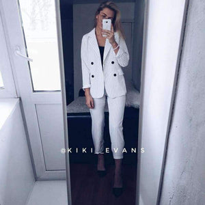 Planet Gates Suits  2 Piece Sets Double Breasted Striped Blazer Jacket & Zipper Trousers Suit For Women Outfits Feminino Spring