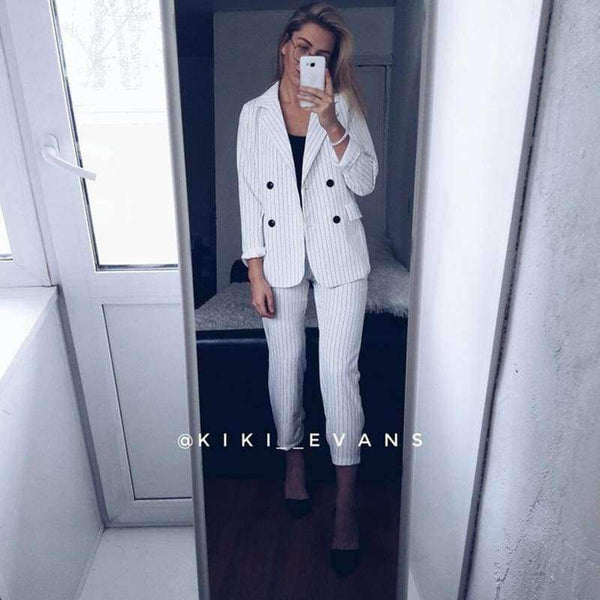 Planet Gates Suits  2 Piece Sets Double Breasted Striped Blazer Jacket & Zipper Trousers Suit For Women Outfits Feminino Spring