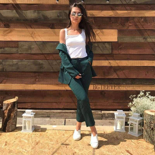 Planet Gates Suits  2 Piece Sets Double Breasted Striped Blazer Jacket & Zipper Trousers Suit For Women Outfits Feminino Spring