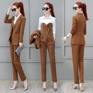 Planet Gates Suits 3 Piece Set for Women Single buckle Striped Blazer Jacket & Trouser shirt Office Lady Suit Feminino