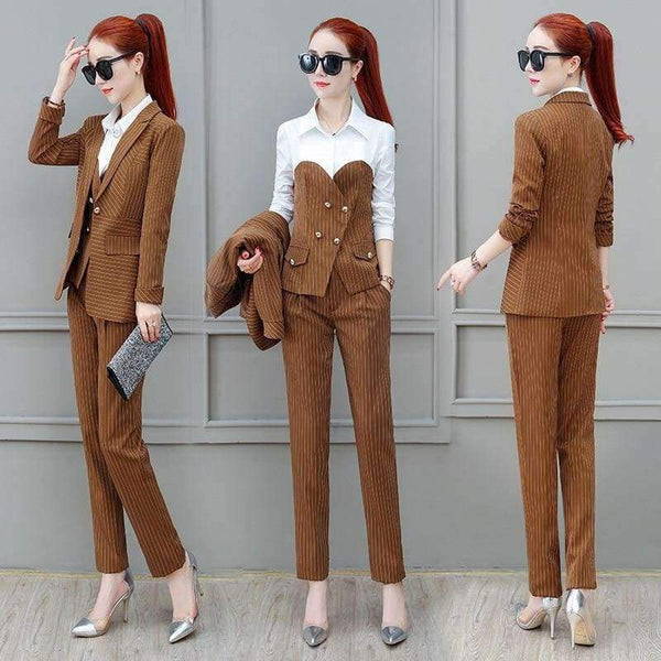 Planet Gates Suits 3 Piece Set for Women Single buckle Striped Blazer Jacket & Trouser shirt Office Lady Suit Feminino