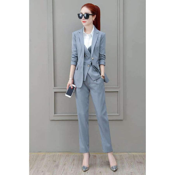 Planet Gates Suits 3 Piece Set for Women Single buckle Striped Blazer Jacket & Trouser shirt Office Lady Suit Feminino