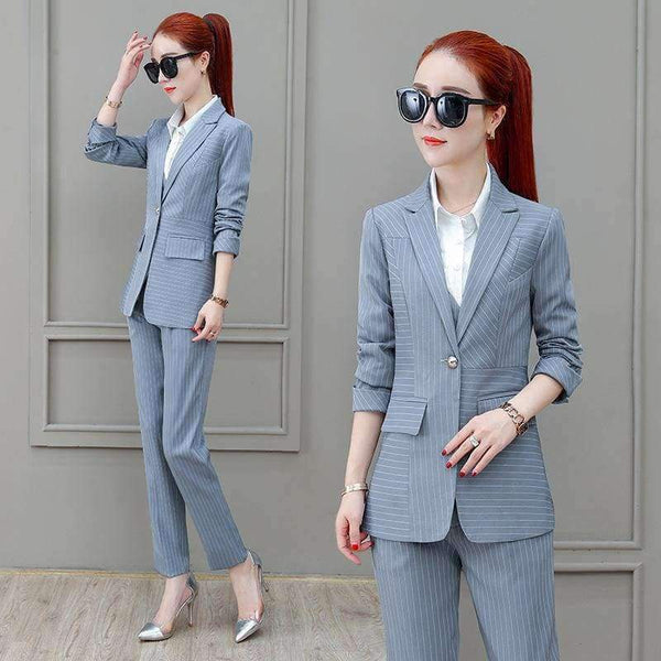 Planet Gates Suits 3 Piece Set for Women Single buckle Striped Blazer Jacket & Trouser shirt Office Lady Suit Feminino