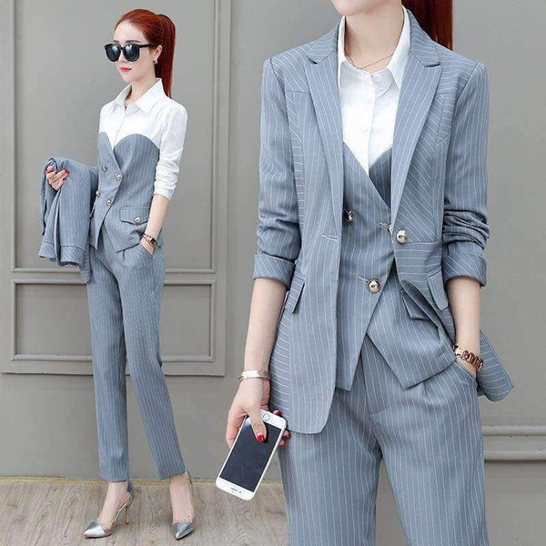 Planet Gates Suits 3 Piece Set for Women Single buckle Striped Blazer Jacket & Trouser shirt Office Lady Suit Feminino
