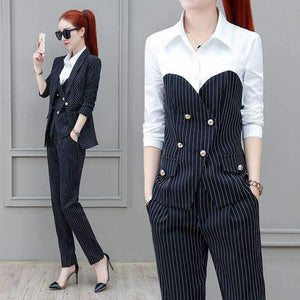 Planet Gates Suits 3 Piece Set for Women Single buckle Striped Blazer Jacket & Trouser shirt Office Lady Suit Feminino