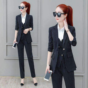 Planet Gates Suits 3 Piece Set for Women Single buckle Striped Blazer Jacket & Trouser shirt Office Lady Suit Feminino