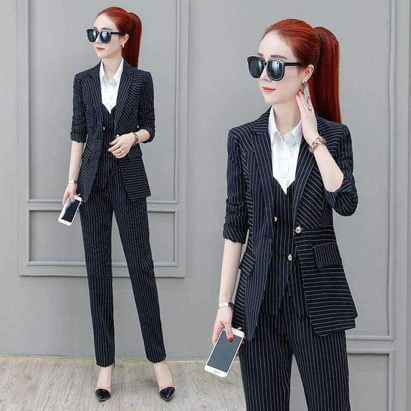 Planet Gates Suits 3 Piece Set for Women Single buckle Striped Blazer Jacket & Trouser shirt Office Lady Suit Feminino