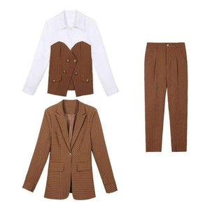 Planet Gates Suits 3 Piece Set for Women Single buckle Striped Blazer Jacket & Trouser shirt Office Lady Suit Feminino