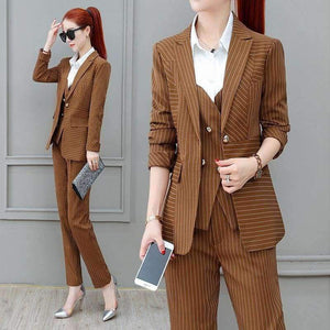 Planet Gates Suits 3 Piece Set for Women Single buckle Striped Blazer Jacket & Trouser shirt Office Lady Suit Feminino