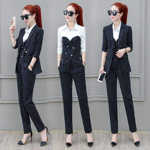 Planet Gates Suits 3 Piece Set for Women Single buckle Striped Blazer Jacket & Trouser shirt Office Lady Suit Feminino