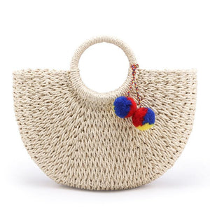 Planet Gates Summer Handmade Bags Women Pompon Beach Weaving Ladies Straw Bag Wrapped Beach Bag Moon shaped Bag