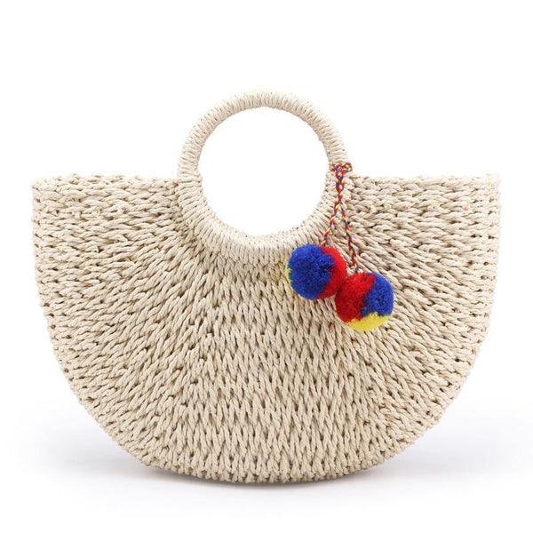 Planet Gates Summer Handmade Bags Women Pompon Beach Weaving Ladies Straw Bag Wrapped Beach Bag Moon shaped Bag