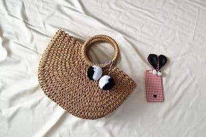 Planet Gates Summer Handmade Bags Women Pompon Beach Weaving Ladies Straw Bag Wrapped Beach Bag Moon shaped Bag