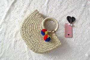 Planet Gates Summer Handmade Bags Women Pompon Beach Weaving Ladies Straw Bag Wrapped Beach Bag Moon shaped Bag