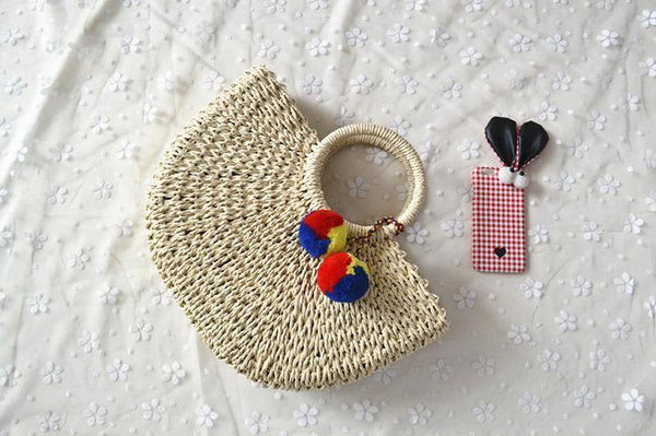 Planet Gates Summer Handmade Bags Women Pompon Beach Weaving Ladies Straw Bag Wrapped Beach Bag Moon shaped Bag