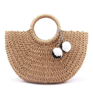 Planet Gates Summer Handmade Bags Women Pompon Beach Weaving Ladies Straw Bag Wrapped Beach Bag Moon shaped Bag
