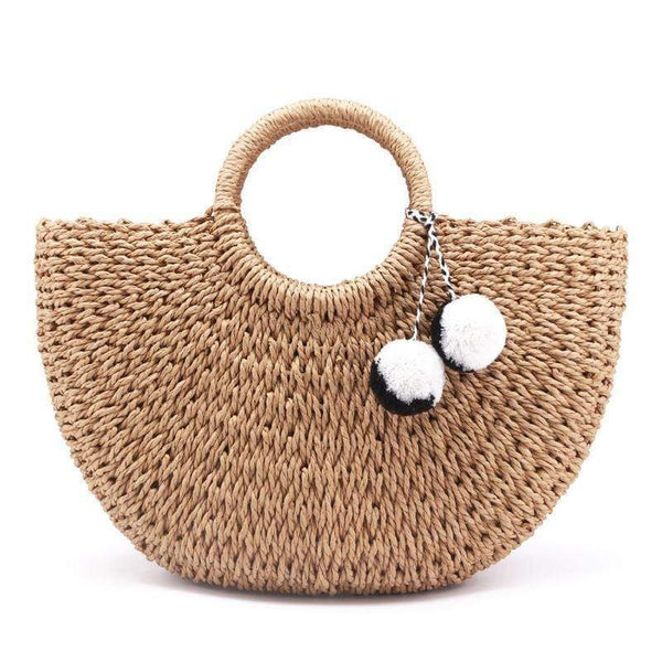 Planet Gates Summer Handmade Bags Women Pompon Beach Weaving Ladies Straw Bag Wrapped Beach Bag Moon shaped Bag