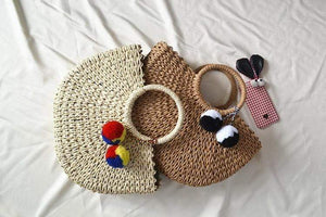 Planet Gates Summer Handmade Bags Women Pompon Beach Weaving Ladies Straw Bag Wrapped Beach Bag Moon shaped Bag