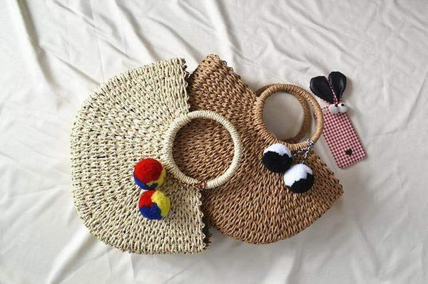 Planet Gates Summer Handmade Bags Women Pompon Beach Weaving Ladies Straw Bag Wrapped Beach Bag Moon shaped Bag