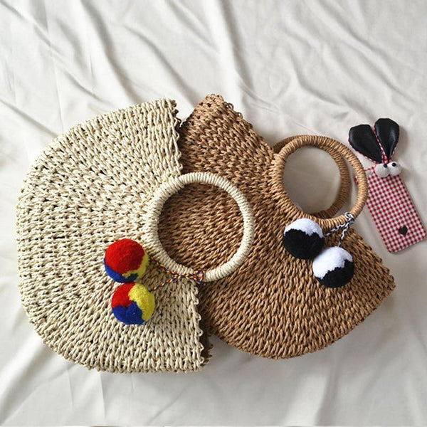 Planet Gates Summer Handmade Bags Women Pompon Beach Weaving Ladies Straw Bag Wrapped Beach Bag Moon shaped Bag