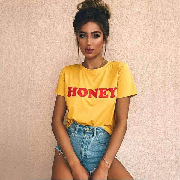 Planet Gates Summer Women T-shirt Tops HONEY Letter Print Casual Cotton O Neck Short Sleeve t Shirt women harajuku Tee Tops QA2141