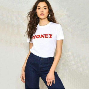 Planet Gates Summer Women T-shirt Tops HONEY Letter Print Casual Cotton O Neck Short Sleeve t Shirt women harajuku Tee Tops QA2141