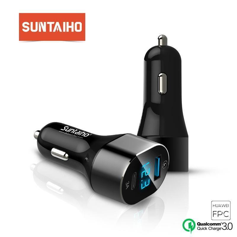 Planet Gates Suntaiho 3.0 Quick Type C Micro USB LED Car Charger for iPhone 8 plus 5V3A Dual USB Mobile Phone Tablet Car-charger galaxy S8 S9
