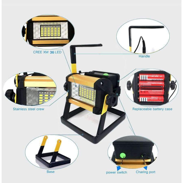 Planet Gates Super Bright 50W Outdoor LED Floodlight Rechargeable 36LED Camping Work Flood Light IPX67 Waterproof + 4x18650 Battery&Charger
