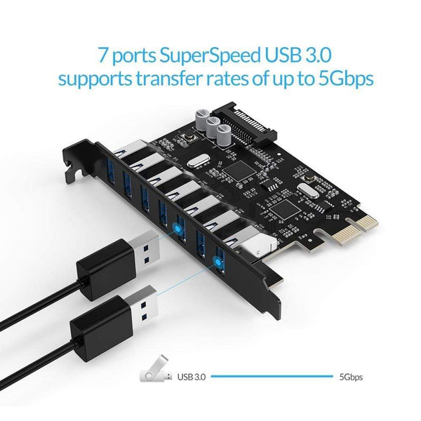 Planet Gates SuperSpeed USB 3.0 7 Port PCI-E Express Card with a 15pin SATA Power Connector PCIE Adapt VL805 and VL812 Chipsets