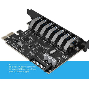 Planet Gates SuperSpeed USB 3.0 7 Port PCI-E Express Card with a 15pin SATA Power Connector PCIE Adapt VL805 and VL812 Chipsets