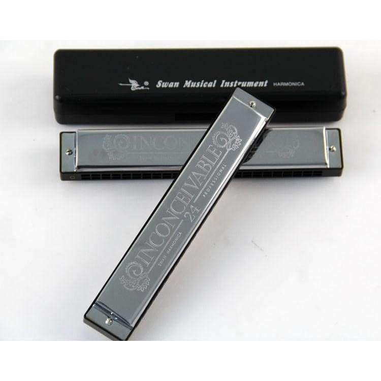 Planet Gates SWAN 24 Hole Tremolo Harmonica / C Key Polyphony Harmonicon / Black Octave-tuned Mouth Organ Harmonica with Case