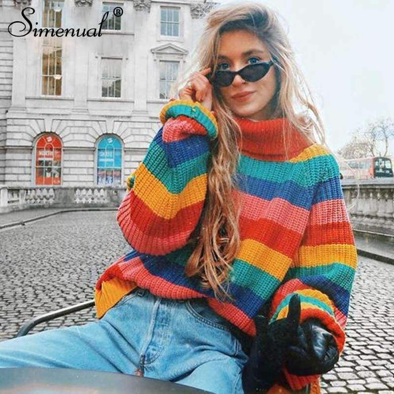 Planet Gates sweaters / S Rainbow turtleneck sweaters women winter 2018 jumpers knitted clothes fashion striped oversized pullover female sale