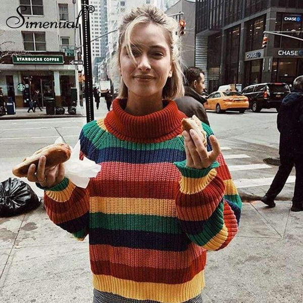 Planet Gates sweaters / S Rainbow turtleneck sweaters women winter 2018 jumpers knitted clothes fashion striped oversized pullover female sale