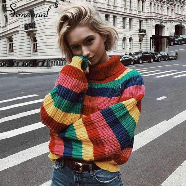 Planet Gates sweaters / S Rainbow turtleneck sweaters women winter 2018 jumpers knitted clothes fashion striped oversized pullover female sale