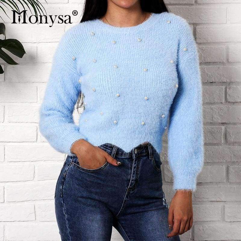 Planet Gates Sweaters Women     2018 Autumn Winter Newest Long Sleeve Jumper Ladies Pullovers Irregular Mohair Sweater Blue