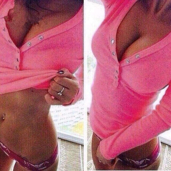 Planet Gates T-shirt Women Deep V Neck Buttons Long Sleeve T-shirt Solid Color Slim Sexy Casual Tops Tees Lady Brand Shirt