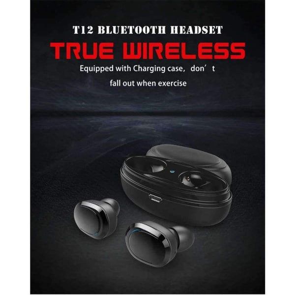 Planet Gates T12-Black Sport Headphones Wireless Bluetooth Headset Waterproof Stereo Earphone with Chargin Case for iPhone 6 7 8 Xiaomi Android