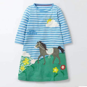 Planet Gates T7532 BLUE / 18M Long Sleeve Dress striped Casual Cotton clothes Toddler Kid Girls Spring Autumn Winter baby Clothes  for girl