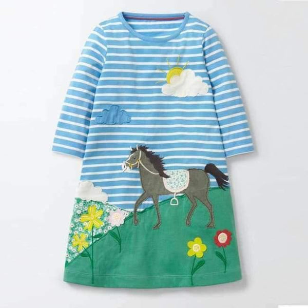 Planet Gates T7532 BLUE / 18M Long Sleeve Dress striped Casual Cotton clothes Toddler Kid Girls Spring Autumn Winter baby Clothes  for girl