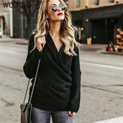 Planet Gates T865-Black / L Sexy V Neck Cross Knitted Sweater Women Pullover Hollow Out 2018 Winter Cashmere Women Sweater Backless Streetwear Jumper