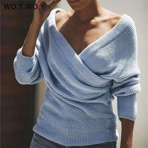 Planet Gates T865-Light Blue / L Sexy V Neck Cross Knitted Sweater Women Pullover Hollow Out 2018 Winter Cashmere Women Sweater Backless Streetwear Jumper