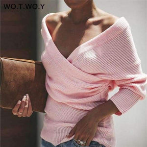 Planet Gates T865-Pink / L Sexy V Neck Cross Knitted Sweater Women Pullover Hollow Out 2018 Winter Cashmere Women Sweater Backless Streetwear Jumper
